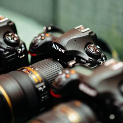 a close up top view of a nikon camera